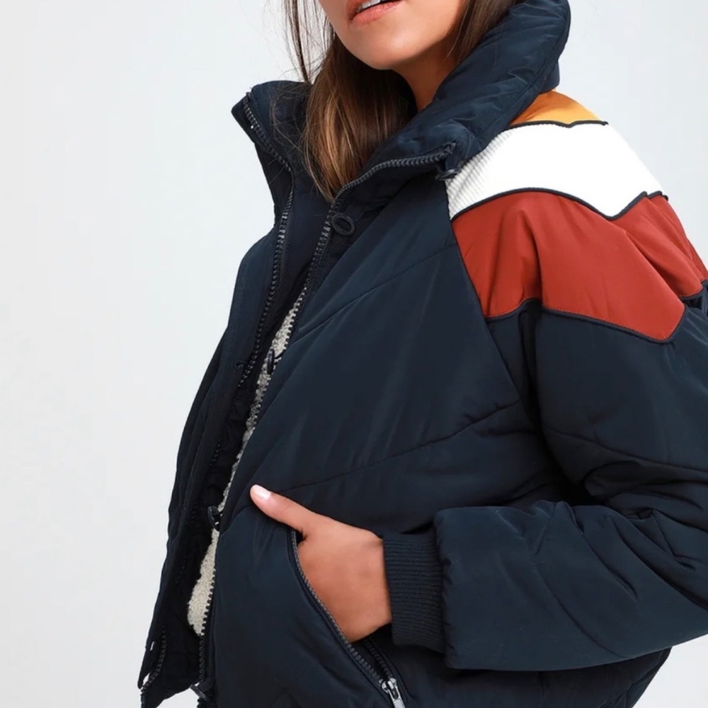 Free People Heidi Navy Blue Striped Puffer Jacket